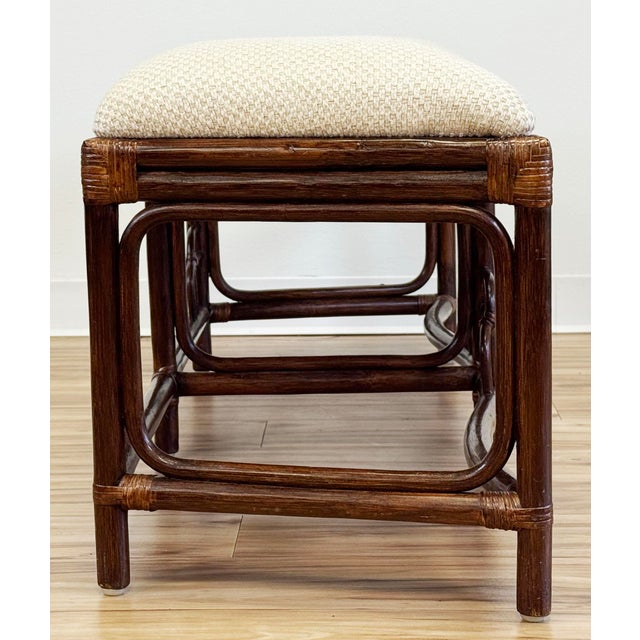 Wood Vintage Upholstered Chinoiserie Style Rattan Bench For Sale - Image 7 of 15