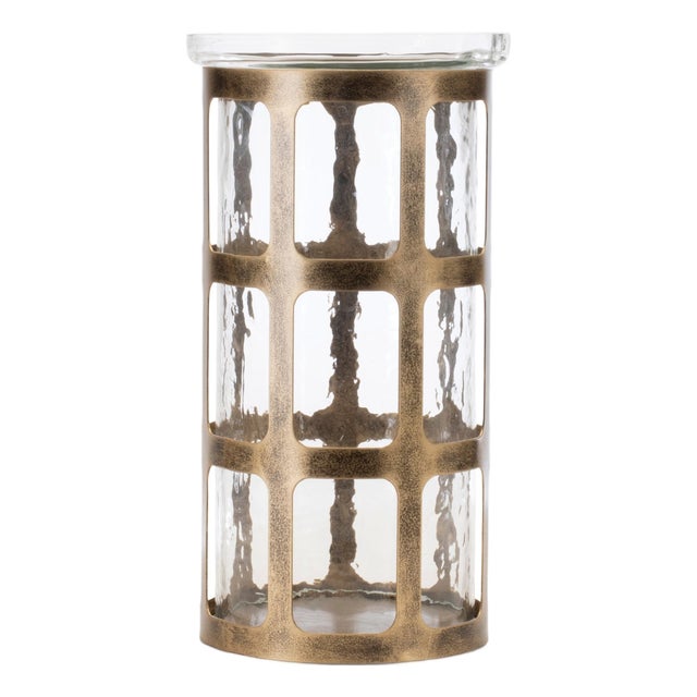 Wavy Glass Candle Holder with Distressed Metal Frame 10"H For Sale