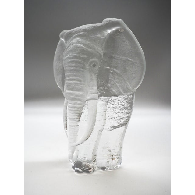 Handmade beautiful glass elephant in clear and frosted relief, designed by Mats Jonasson for Målerås Glassworks. The...