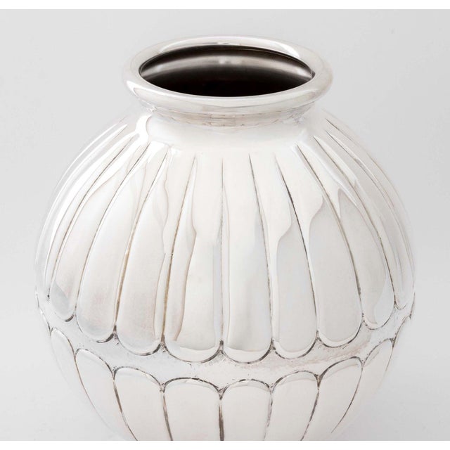 Italian Handmade 800 Silver Globular Vase, with repousse geometric design, struck with hallmarks for Florence and "Fatto a...