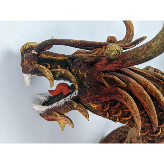 Mid 20th Century Monumental Hand-Carved Asian Dragon Coiled Around Natural Tree Trunk Sculpture With Original Polychrome Finish 40" For Sale - Image 4 of 18