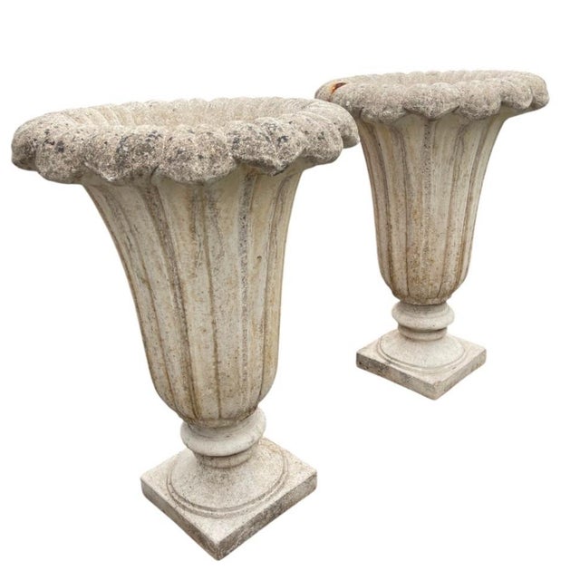Neoclassical Pair of Neoclassical Fluted Cast Stone Garden Urns For Sale - Image 3 of 12