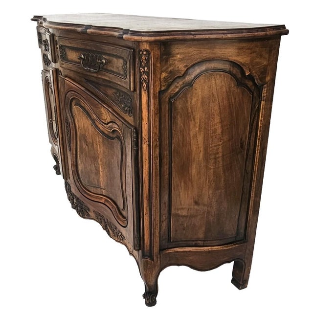 Antique French Louis XV Walnut Buffet Sideboard Curved Front Carved C1900s For Sale - Image 4 of 17
