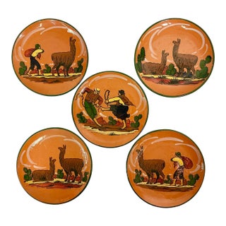 1950s Vintage Southwestern Folk Art Boho Chic Peruvian Terra Cotta Dinner Plates - Set of 5 For Sale