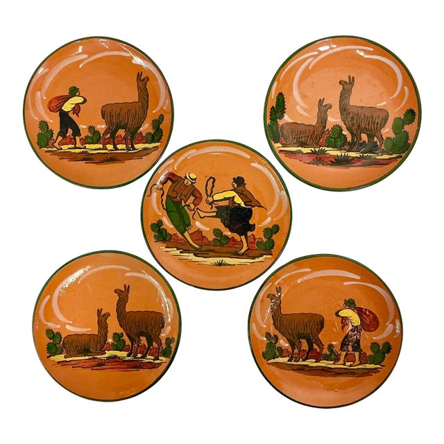1950s Vintage Southwestern Folk Art Boho Chic Peruvian Terra Cotta Dinner Plates - Set of 5. For Sale
