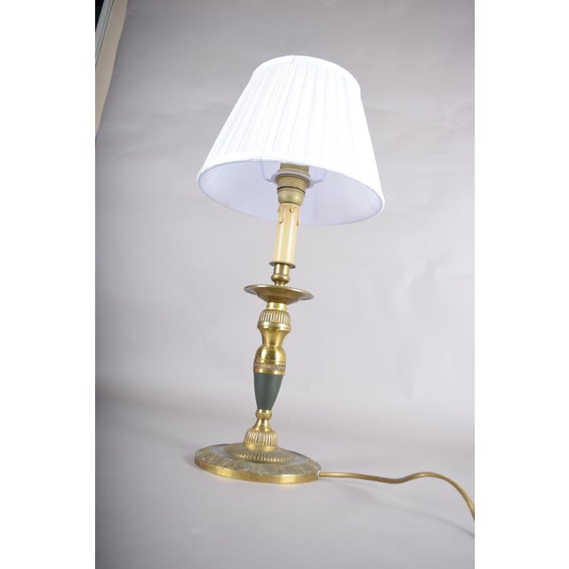 Vintage Brass Candlestick Table Lamp with Pleated White Shade, 1960s For Sale - Image 10 of 14