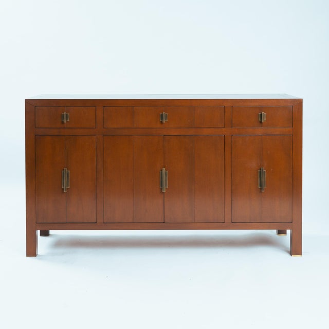 Transitional Cherry Wood Sideboard with Brass Geometric Hardware, 1980s For Sale - Image 4 of 18