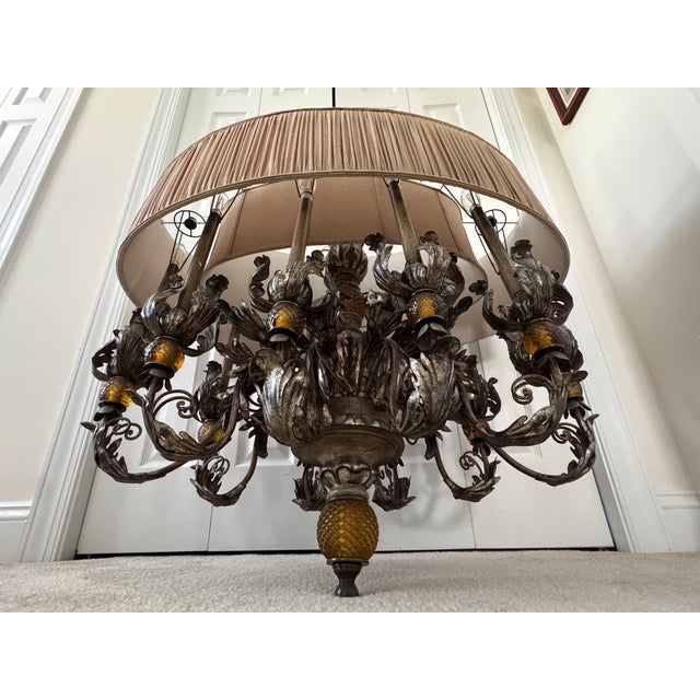 Vintage Fine European Gilt Silver Iron & Wood Double-Shaded Chandelier For Sale - Image 12 of 18