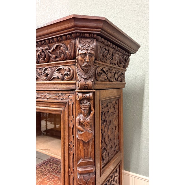 Antique French Renaissance Revival Bookcase Cabinet Side Doors Oak C. 1880s For Sale - Image 11 of 13