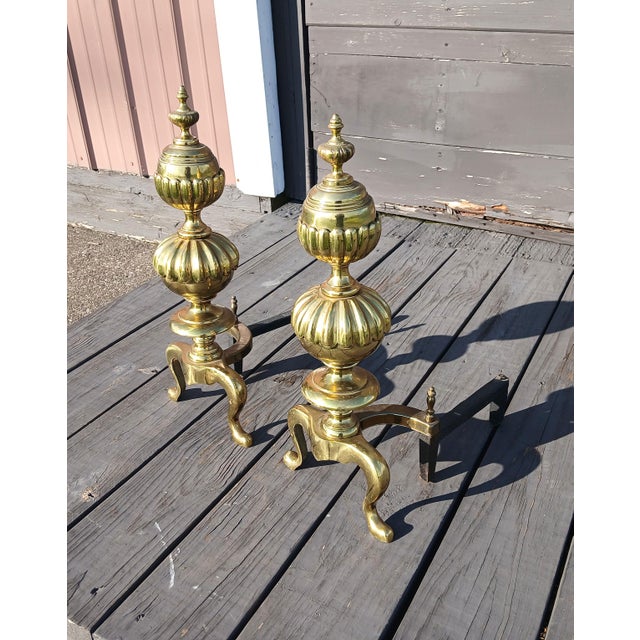 Vintage Ornate Cast Brass Fireplace Andirons 1950s A vintage ornate solid cast brass pair of andirons in there original...