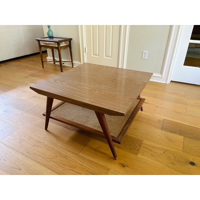 Imperial Furniture Mid-Century Modern Walnut Coffee Table With Woven Cane Shelf For Sale In Houston - Image 6 of 14
