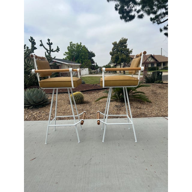 Cleo Baldon 1960s Vintage Mid Century Modern Inca Attributed to Cleo Baldon Swivel Wrought Iron Oak Barstools - Set of 2 For Sale - Image 4 of 13