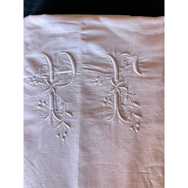 Antique French Linen Sheet Circa 1920 Pf Monogram Hand Embroidered Whitework Ladderwork French Trousseau For Sale - Image 4 of 9