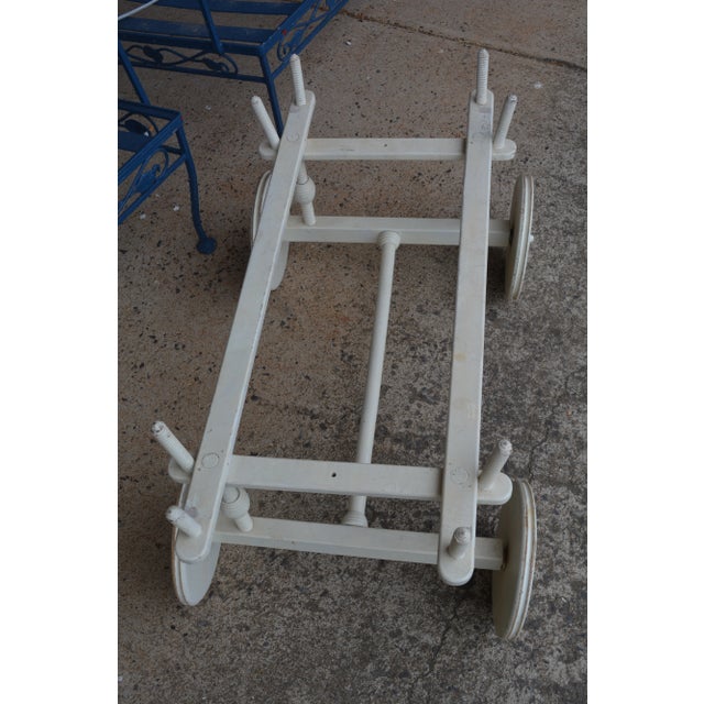 Vintage White Woven / Wicker & Wood Rolling Basket / Cart W/ Lift Out Large Basket For Sale - Image 10 of 12
