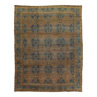 10 X 13 One of the Kind Antique Kerman Persian Wool Rug in Tan With a Allover Blue Pattern For Sale