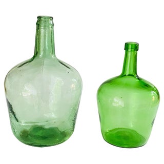 Antique French Set of Two Glass Bottles Green Color from France, 1950, Set of 2 For Sale