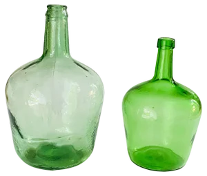 Antique French Set of Two Glass Bottles Green Color from France, 1950, Set of 2