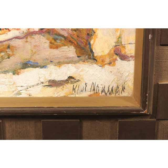 A mid-century Swedish oil painting, of a South Europe streetscape, set in a geometric motif frame. This painting from the...