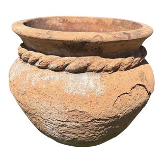 Vintage Mediterranean Terracotta Garden Planter With Applied Rope Detail & Aged Patina For Sale