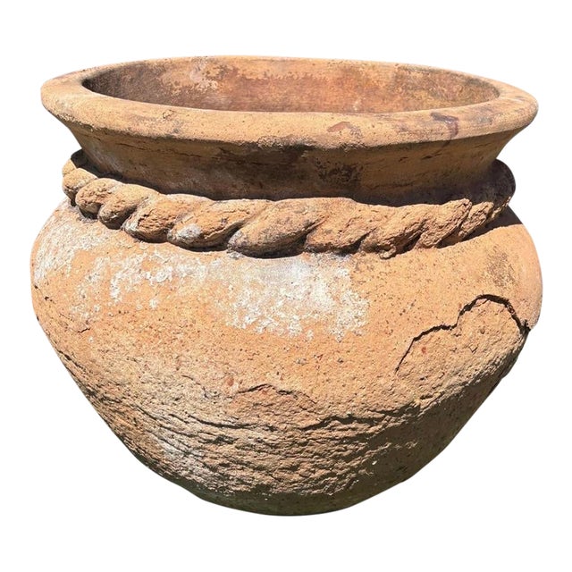 Vintage Mediterranean Terracotta Garden Planter With Applied Rope Detail & Aged Patina For Sale