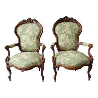 19th Century American Carved Rosewood Living Room Arm Chairs Newly Upholstered For Sale