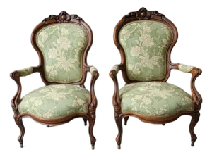 19th Century American Carved Rosewood Living Room Arm Chairs Newly Upholstered