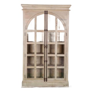Modern Coastal 2-Door Arch Glass Solid Mango Wood Bookcase For Sale