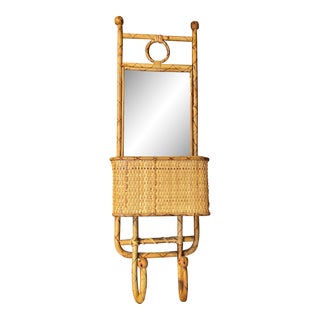 Mid 20th Century Vintage Tortoise Shell Rattan Entry Wall Hooks and Mirror For Sale
