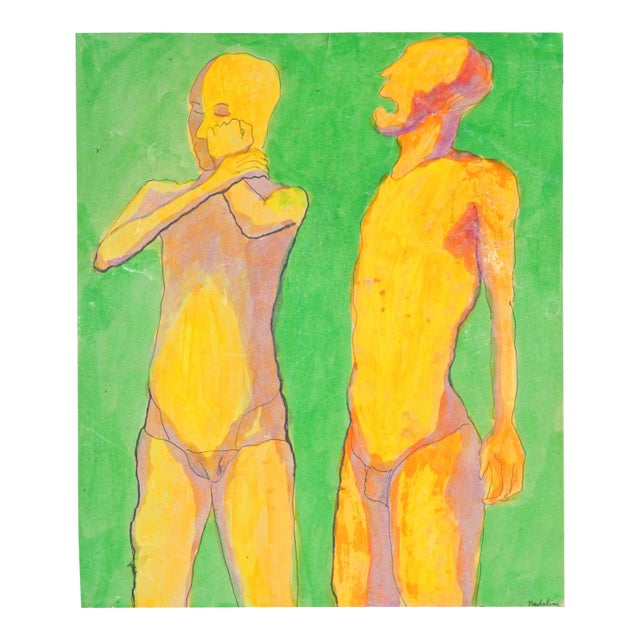 Louis Nadalini "You Need to Listen to Me" Florescent Figurative Gouache on Paper 1987 For Sale