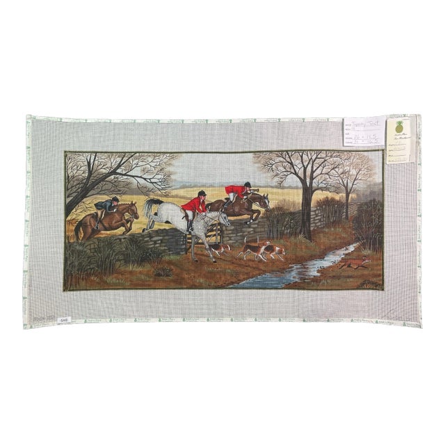 Late 20th Century Hand Painted Needlepoint Canvas W/ Fox Hunt Scene For Sale