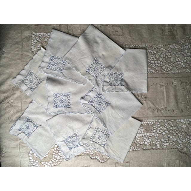 Vintage Mid Century 50s Set of 8 Ice Blue Embroidered Battenburg Linen ...