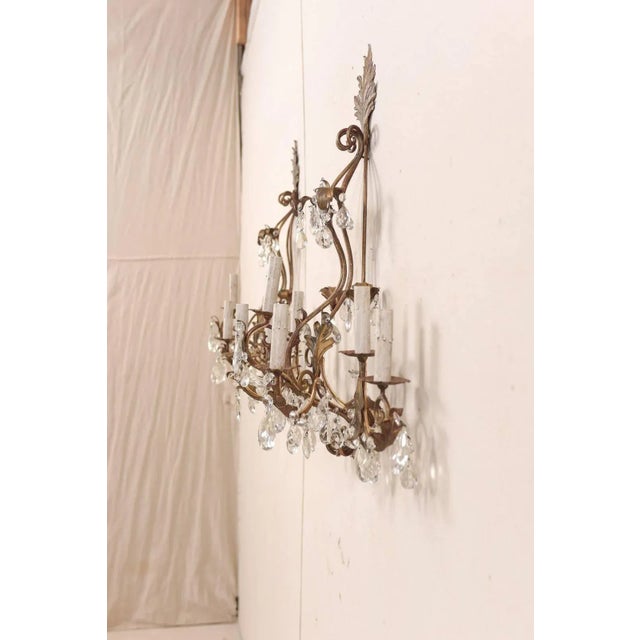 Mid-Century Seven-Light Crystal and Iron Sconces With Leaf Crest Tops - a Pair For Sale In Atlanta - Image 6 of 11