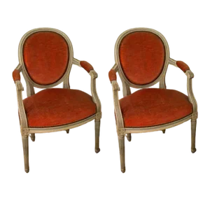 Set of French Medallion Armchairs in Orange Velvet, 1950