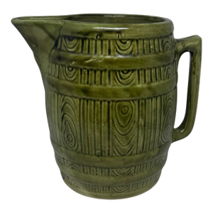 Mid 20th Century Retro Green Yellow Ware Pottery Stoneware Barrel 8” Pitcher
