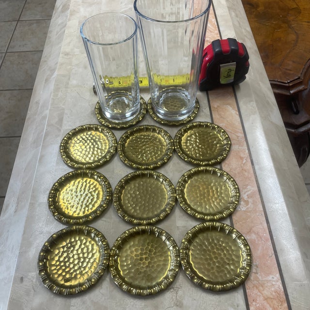 Hollywood Regency Hammered Faux Bamboo Rim Brass Coasters or Salt Cellars. For Sale - Image 3 of 5