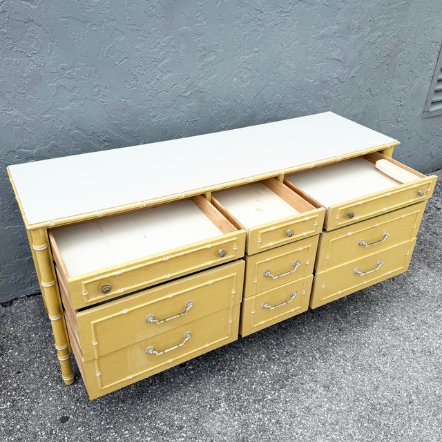 Yellow Vintage Coastal Faux Bamboo Dresser Dresser With Mirror by Thomasville For Sale - Image 8 of 11