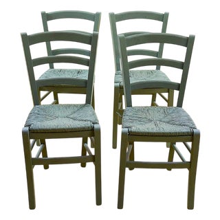 Rustic Dove Grey Wooden Chairs with Straw Seats, Set of 4 For Sale