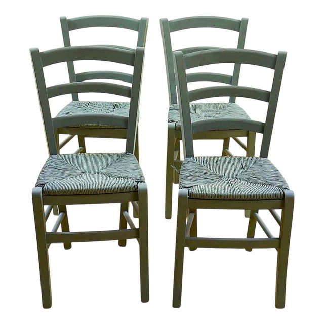 Rustic Dove Grey Wooden Chairs with Straw Seats, Set of 4 For Sale