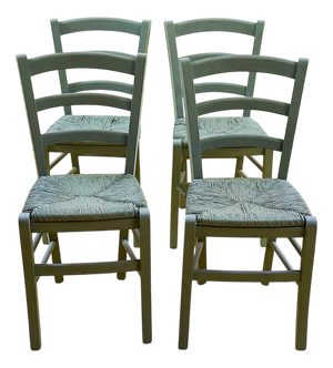 Rustic Dove Grey Wooden Chairs with Straw Seats, Set of 4