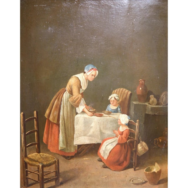 A tender scene of domestic life unfolds in this antique French genre painting inspired by Jean-Baptiste-Siméon Chardin’s...