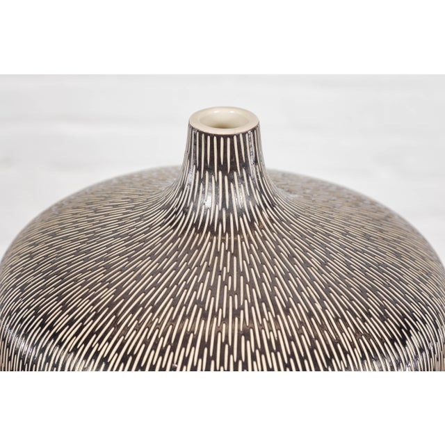 Artisan Handmade Brown Glazed Ceramic Vase with Textured Cream Stokes For Sale - Image 9 of 12