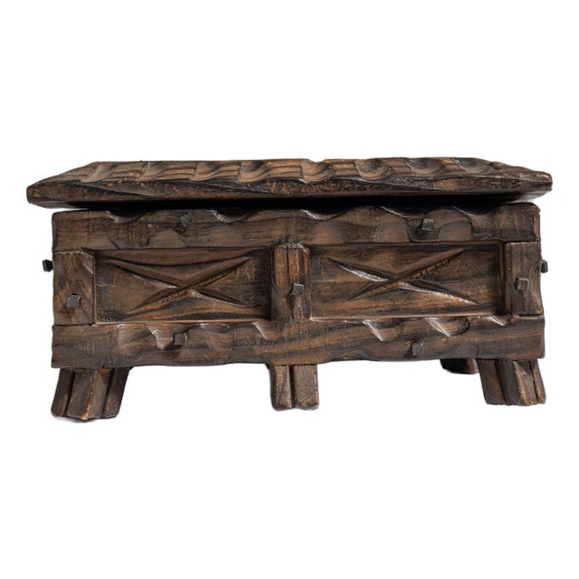 Early 20th Century Dark Brown Spanish Hand-Carved Wood Box For Sale