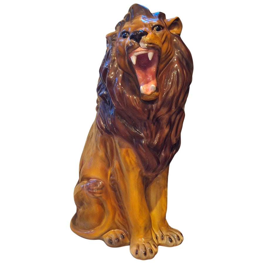 Vintage Ceramic Roaring Lion Statue | Chairish