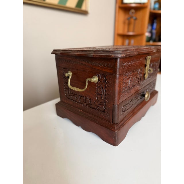 Brown Vintage Hand Carved Imported Mahogany With Brass Inlay Jewelry Box For Sale - Image 8 of 10