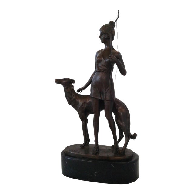 Art Deco Bronze Sculpture "Diana the Huntress With Borzoi" Signed B. Zach For Sale