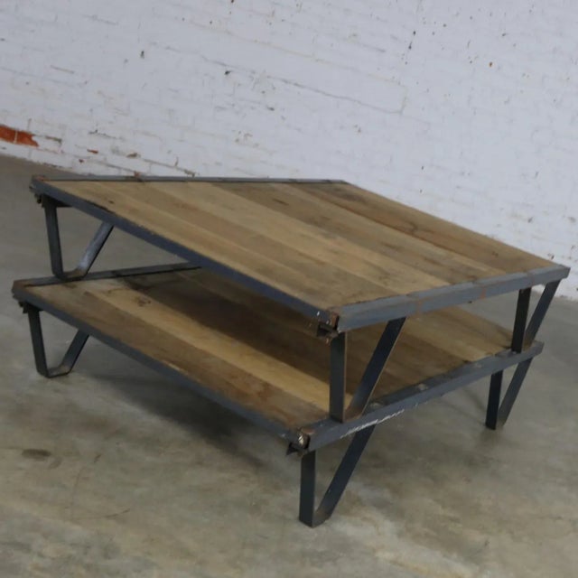 Rustic Vintage American Industrial 2 Pallet Coffee Table Oak and Steel Three by Five Feet For Sale - Image 3 of 11