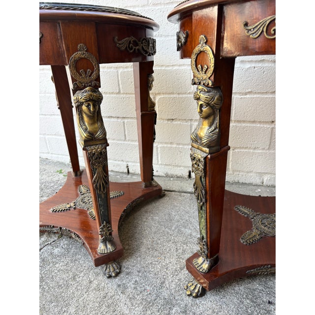 1990s Handmade Empire Style Gueridon Side Tables With a Green Marble Top and Brass Mounts For Sale - Image 4 of 10