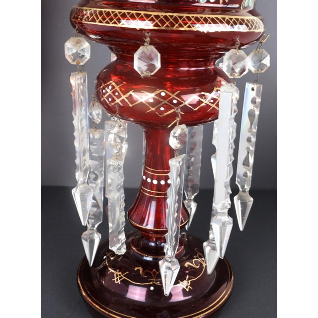 Pair Victorian Cranberry Glass Lusters With Double Tier Crystal Prisms & Enamel Decoration, c.1880–1895 For Sale - Image 11 of 11