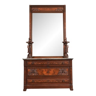 Bernheimer Collection Antique Monumental Eastlake Victorian Burled Walnut and Marble Top Vanity or Dressing Table With Mirror, Circa 1880s For Sale