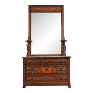 Bernheimer Collection Antique Monumental Eastlake Victorian Burled Walnut and Marble Top Vanity or Dressing Table With Mirror, Circa 1880s